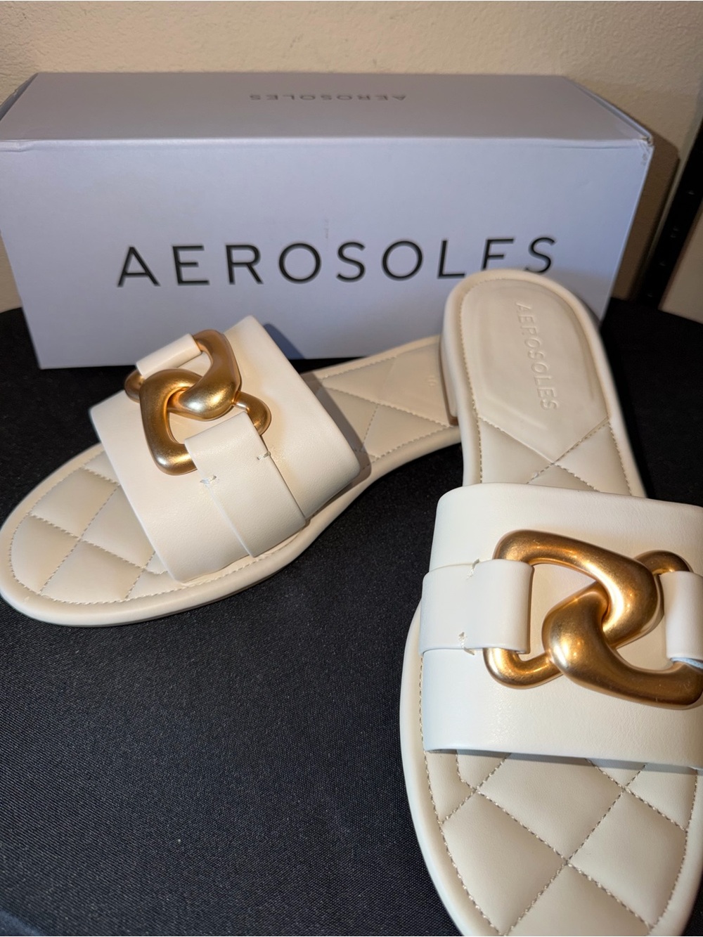 AEROSOLES Cream Slide Sandals with Gold Chain Detail